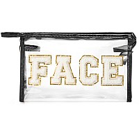 Y1Tvei Clear Face Makeup Bag Preppy White Face Chenille Varsity Letter Cosmetic Bag Pvc Transparent Zipper Waterproof Beach Sw