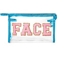 Y1Tvei Clear Face Makeup Bag Preppy Pink Face Chenille Varsity Letter Cosmetic Bag Pvc Transparent Zipper Waterproof Beach Swi