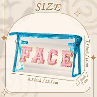 Y1Tvei Clear Face Makeup Bag Preppy Pink Face Chenille Varsity Letter Cosmetic Bag Pvc Transparent Zipper Waterproof Beach Swi