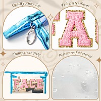 Y1Tvei Clear Face Makeup Bag Preppy Pink Face Chenille Varsity Letter Cosmetic Bag Pvc Transparent Zipper Waterproof Beach Swi