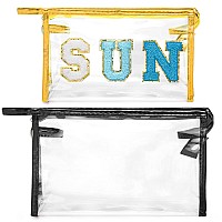 Y1Tvei Clear Sun Makeup Bag 2Pcs Preppy Blue Sun Chenille Varsity Letter Cosmetic Bag Black Large Pvc Transparent Toiletry Org