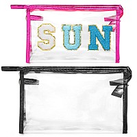 Y1Tvei Clear Sun Makeup Bag 2Pcs Preppy Blue Sun Chenille Varsity Letter Cosmetic Bag Black Large Pvc Transparent Toiletry Org