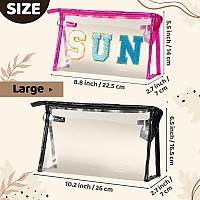 Y1Tvei Clear Sun Makeup Bag 2Pcs Preppy Blue Sun Chenille Varsity Letter Cosmetic Bag Black Large Pvc Transparent Toiletry Org