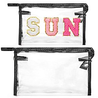 Y1Tvei Clear Sun Makeup Bag 2Pcs Preppy Rose Red Sun Chenille Varsity Letter Cosmetic Bag Black Large Pvc Transparent Toiletry