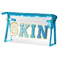 Asodsway Preppy Patch Cosmetic Case Gradual Blue Skin Letter Cosmetic Bag Classy Waterproof Clear Pvc Multifunction Zippered