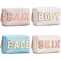 Hbselect Preppy Makeup Bag 4 Pcs Travel Toiletry Bag Chenille Letter Patch Makeup Bag Portable Cosmetic Bag For Women Pu Leather