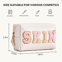 Hbselect Preppy Makeup Bag 4 Pcs Travel Toiletry Bag Chenille Letter Patch Makeup Bag Portable Cosmetic Bag For Women Pu Leather