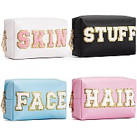 Hbselect Preppy Makeup Bag 4 Pcs Travel Toiletry Bag Chenille Letter Patch Makeup Bag Portable Cosmetic Bag For Women Pu Leather