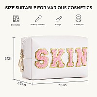 Hbselect Preppy Makeup Bag 4 Pcs Travel Toiletry Bag Chenille Letter Patch Makeup Bag Portable Cosmetic Bag For Women Pu Leather