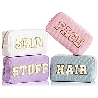 Hbselect 4 Pcs Preppy Makeup Bags Chenille Letter Patch Makeup Bag Face Skin Hair Stuff Travel Bags For Women Corduroy Cosmetic