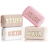 Hbselect 4 Pcs Preppy Makeup Bags Chenille Letter Patch Makeup Bag Face Skin Hair Stuff Travel Bags For Women Corduroy Cosmetic