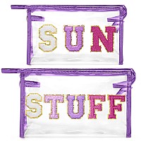 Y1Tvei Sun Stuff Makeup Bag 2Pcs Preppy Patch Chenille Varsity Letter Transparent Pvc Extra Large Clear Cosmetic Pouch Portabl