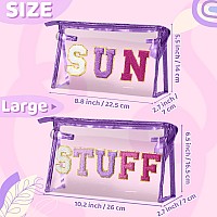 Y1Tvei Sun Stuff Makeup Bag 2Pcs Preppy Patch Chenille Varsity Letter Transparent Pvc Extra Large Clear Cosmetic Pouch Portabl