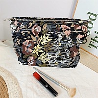 Happyheidi Cute Floral Makeup Bag Cosmetic Travel Pouch With Bottom And Zipper Purse Make Up Organizer Aesthetic Textured Fabr