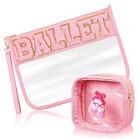 Hillban 2 Pcs Ballet Gifts Chenille Letter Bags Preppy Patch Makeup Bag Flat Clear Pouch Pvc Organizer Purse Waterproof Travel C