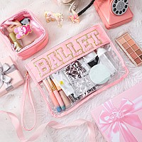 Hillban 2 Pcs Ballet Gifts Chenille Letter Bags Preppy Patch Makeup Bag Flat Clear Pouch Pvc Organizer Purse Waterproof Travel C