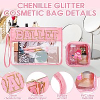 Hillban 2 Pcs Ballet Gifts Chenille Letter Bags Preppy Patch Makeup Bag Flat Clear Pouch Pvc Organizer Purse Waterproof Travel C