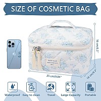 Large Travel Quilted Makeup Bag For Women Big Floral Cotton Cosmetic Bag Cute Coquette Aesthetic Floral Toiletry Organizer Bag