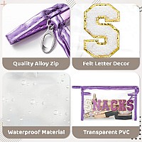 Y1Tvei Snacks Clear Makeup Bag Preppy Patch Purple Chenille Varsity Letter Transparent Pvc Large Cosmetic Pouch Portable Water