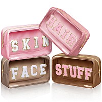 Pinkunn 4 Pcs Preppy Makeup Bags Chenille Letter Patch Bag Face Skin Hair Stuff Aesthetic Cosmetic Bag Corduroy Nylon Cosmetic B