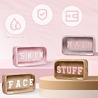 Pinkunn 4 Pcs Preppy Makeup Bags Chenille Letter Patch Bag Face Skin Hair Stuff Aesthetic Cosmetic Bag Corduroy Nylon Cosmetic B