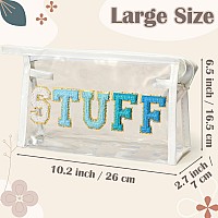 Y1Tvei Clear Stuff Makeup Bag Preppy Patch Blue Chenille Varsity Letter Pvc Transparent Extra Large Cosmetic Pouch Portable Wa