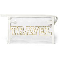 Y1Tvei Travel Clear Makeup Bag Preppy Patch White Chenille Varsity Letter Transparent Pvc Large Travel Cosmetic Pouch Portable