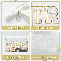 Y1Tvei Travel Clear Makeup Bag Preppy Patch White Chenille Varsity Letter Transparent Pvc Large Travel Cosmetic Pouch Portable