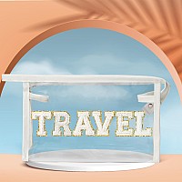 Y1Tvei Travel Clear Makeup Bag Preppy Patch White Chenille Varsity Letter Transparent Pvc Large Travel Cosmetic Pouch Portable