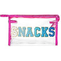 Y1Tvei Snacks Clear Makeup Bag Preppy Patch Blue Chenille Varsity Letter Transparent Pvc Large Cosmetic Pouch Portable Waterpr