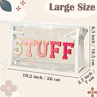 Y1Tvei Clear Stuff Makeup Bag Preppy Patch Rose Red Chenille Varsity Letter Pvc Transparent Extra Large Cosmetic Pouch Portabl