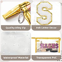 Y1Tvei Snacks Clear Makeup Bag Preppy Patch Purple Chenille Varsity Letter Transparent Pvc Large Cosmetic Pouch Portable Water