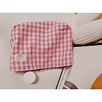 Happyheidi Pink Gingham Cotton Makeup Bag Cosmetic Travel Pouch With Bottom Make Up Purse Organizer Zipper Closure Canvas Lin