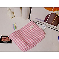 Happyheidi Pink Gingham Cotton Makeup Bag Cosmetic Travel Pouch With Bottom Make Up Purse Organizer Zipper Closure Canvas Lin