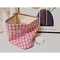 Happyheidi Pink Gingham Cotton Makeup Bag Cosmetic Travel Pouch With Bottom Make Up Purse Organizer Zipper Closure Canvas Lin