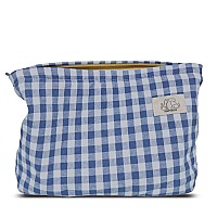 Happyheidi Blue Gingham Cotton Makeup Bag Cosmetic Travel Pouch With Bottom Make Up Purse Organizer Zipper Closure Canvas Lin