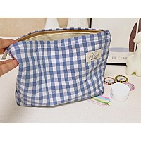 Happyheidi Blue Gingham Cotton Makeup Bag Cosmetic Travel Pouch With Bottom Make Up Purse Organizer Zipper Closure Canvas Lin