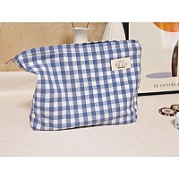 Happyheidi Blue Gingham Cotton Makeup Bag Cosmetic Travel Pouch With Bottom Make Up Purse Organizer Zipper Closure Canvas Lin