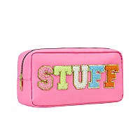 Dyshayen Nylon Stuff Cosmetic Bag Small Travel Preppy Makeup Pouch Bag For Women Girls With Chenille Letter Patches Pinkstuff