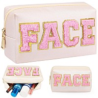 Joindo Preppy Patch Makeup Bag Chenille Face Letter Cosmetic Bag Pu Leather Skincare Toiletry Bag Portable Makeup Bag With Var