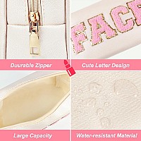 Joindo Preppy Patch Makeup Bag Chenille Face Letter Cosmetic Bag Pu Leather Skincare Toiletry Bag Portable Makeup Bag With Var