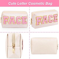 Joindo Preppy Patch Makeup Bag Chenille Face Letter Cosmetic Bag Pu Leather Skincare Toiletry Bag Portable Makeup Bag With Var