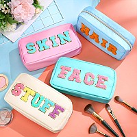 Cunno 4 Pcs Preppy Makeup Bag Chenille Letter Nylon Cosmetic Bag Makeup Bag Toiletry Cosmetic Case Preppy Bag With Zipper Stuff