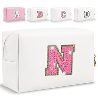 Small Personalized Initial Letter Makeup Bag Cute Waterproof Pu Leather Chenille Letter Cosmetic Bag Travel Makeup Bag Preppy