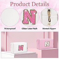 Small Personalized Initial Letter Makeup Bag Cute Waterproof Pu Leather Chenille Letter Cosmetic Bag Travel Makeup Bag Preppy