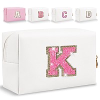 Small Personalized Initial Letter Makeup Bag Cute Waterproof Pu Leather Chenille Letter Cosmetic Bag Travel Makeup Bag Preppy