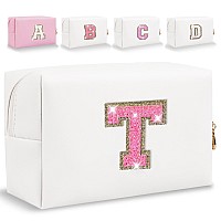 Small Personalized Initial Letter Makeup Bag Cute Waterproof Pu Leather Chenille Letter Cosmetic Bag Travel Makeup Bag Preppy