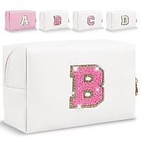 Small Personalized Initial Letter Makeup Bag Cute Waterproof Pu Leather Chenille Letter Cosmetic Bag Travel Makeup Bag Preppy