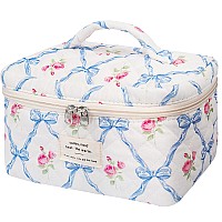 Large Makeup Bag Cute Cosmetic Bag For Women Girls Floral Coquette Aesthetic Toiletry Bag Travel Make Up Organizer Bag Blue