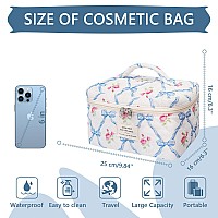 Large Makeup Bag Cute Cosmetic Bag For Women Girls Floral Coquette Aesthetic Toiletry Bag Travel Make Up Organizer Bag Blue